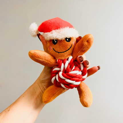 Gingerbread Man Rope Plush Christmas Dog Toy in Green or Red