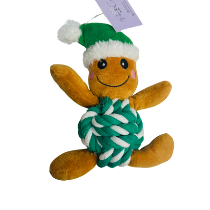 Gingerbread Man Rope Plush Christmas Dog Toy in Green or Red