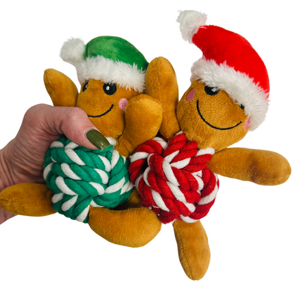 Gingerbread Man Rope Plush Christmas Dog Toy in Green or Red