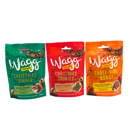 Wagg Christmas Dog Treats - Festive Editions - Three Bird Roast, Christmas Cookies, Christmas Dinner - 100g