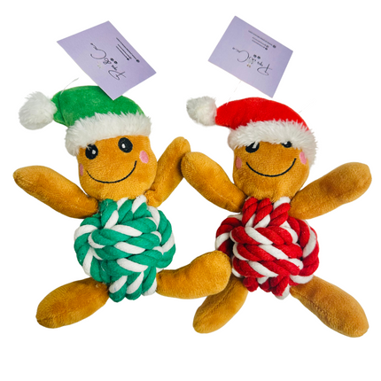 Gingerbread Man Rope Plush Christmas Dog Toy in Green or Red