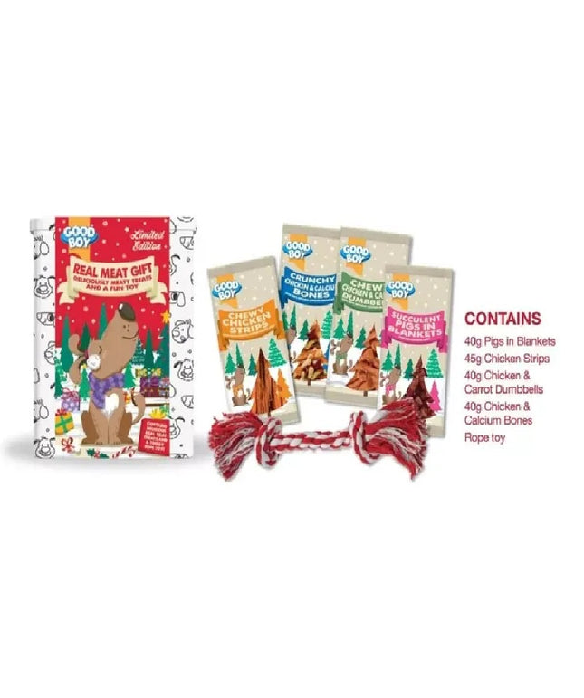 Good Boy Festive Tin For Dogs With Bags Of Treats and Toy Inside