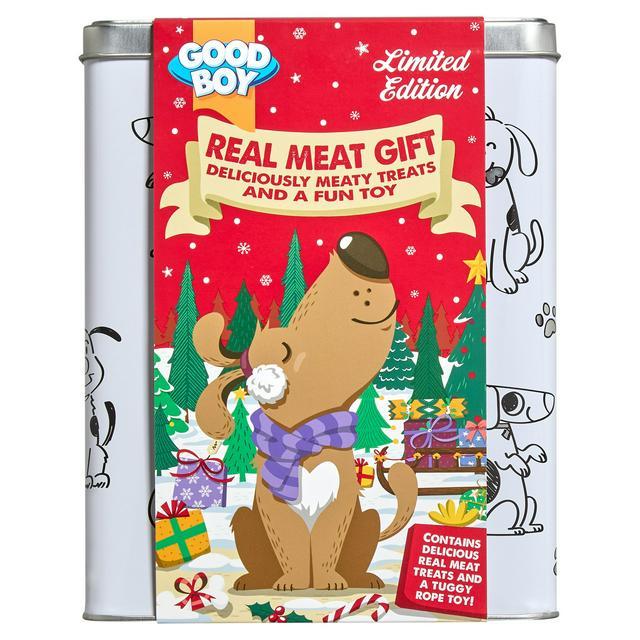 Good Boy Festive Tin For Dogs With Bags Of Treats and Toy Inside