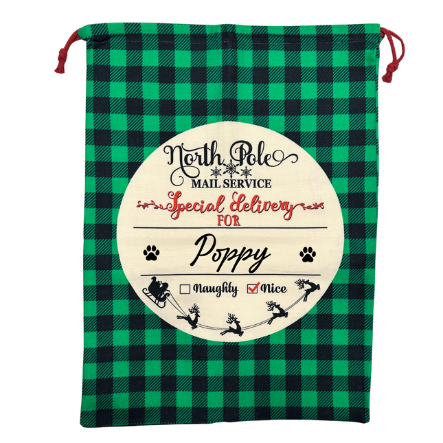 Personalised Green Checked Christmas Sack