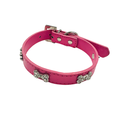 Adjustable PU Collar - Diamante Pink