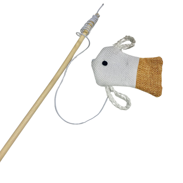 Wooden Teaser Wand Cat Toy Stick with Fish