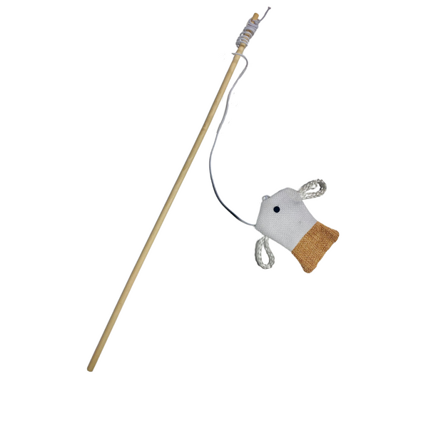 Wooden Teaser Wand Cat Toy Stick with Fish