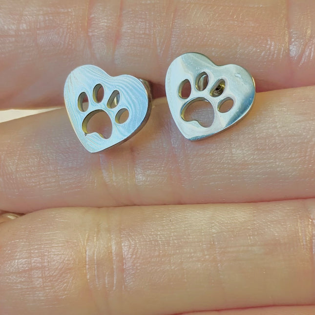 Paw Print in Heart Stud Earrings - Silver
