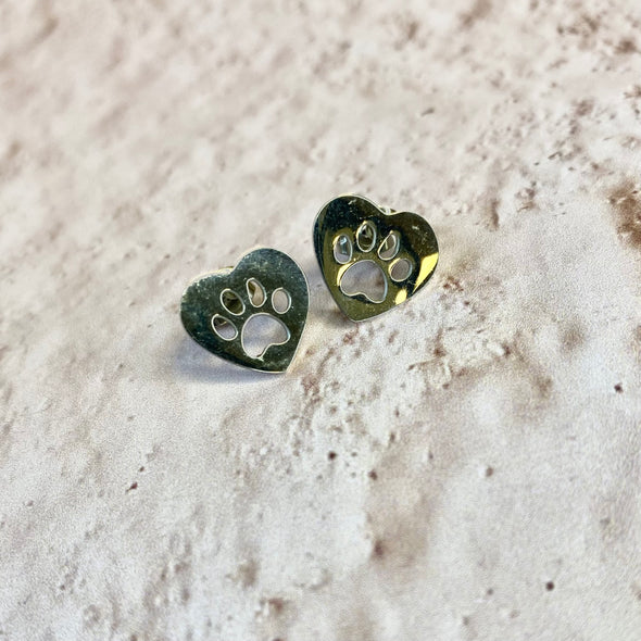 Paw Print in Heart Stud Earrings - Silver