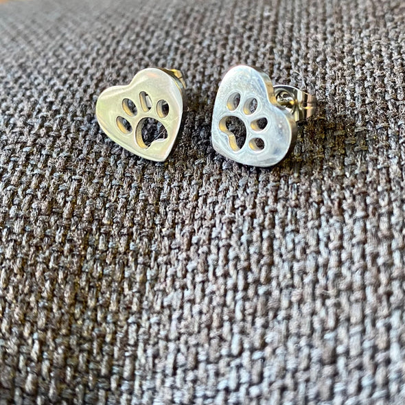 Paw Print in Heart Stud Earrings - Silver