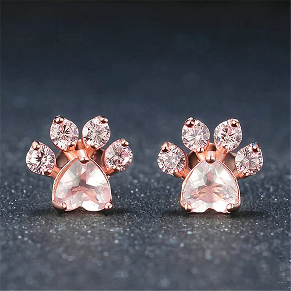 Rose Gold Crystal Paw Print Stud Earrings