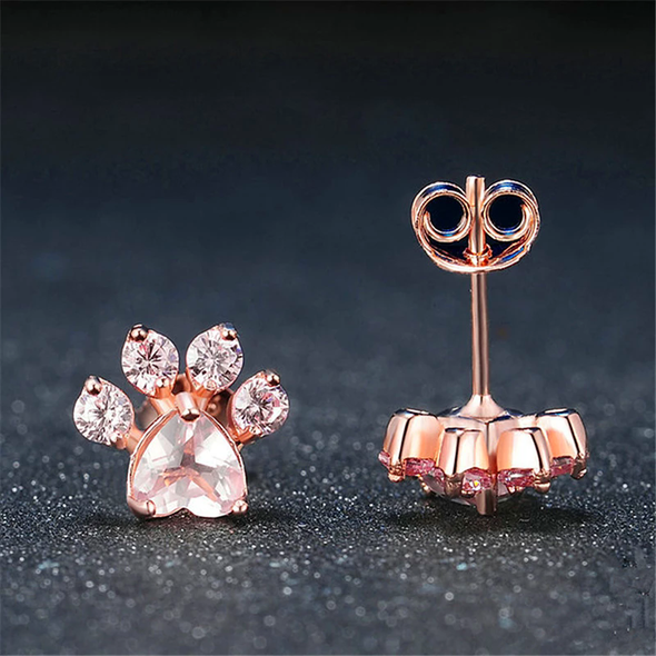 Rose Gold Crystal Paw Print Stud Earrings