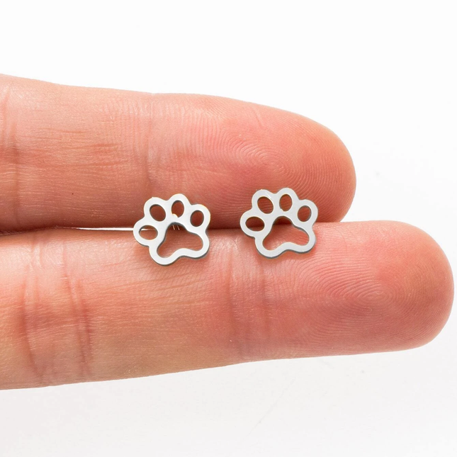 Hollow Paw Print Stud Earrings - Silver