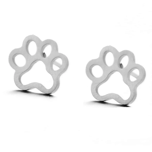 Hollow Paw Print Stud Earrings - Silver