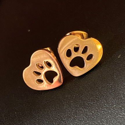 Paw Print in Heart Stud Earrings - Rose Gold