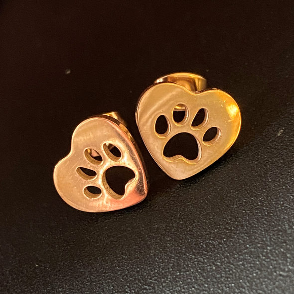 Paw Print in Heart Stud Earrings - Rose Gold
