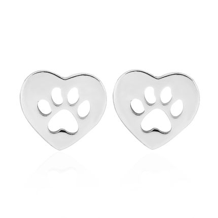 Paw Print in Heart Stud Earrings - Silver