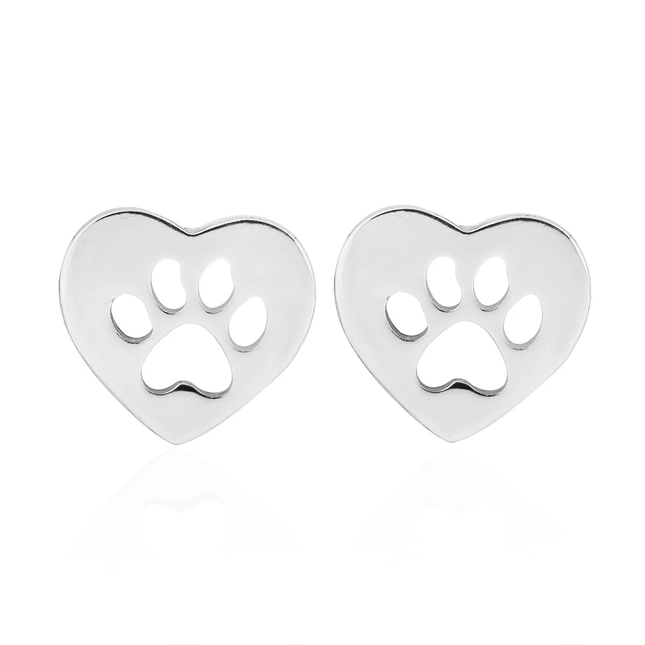 Paw Print in Heart Stud Earrings - Silver